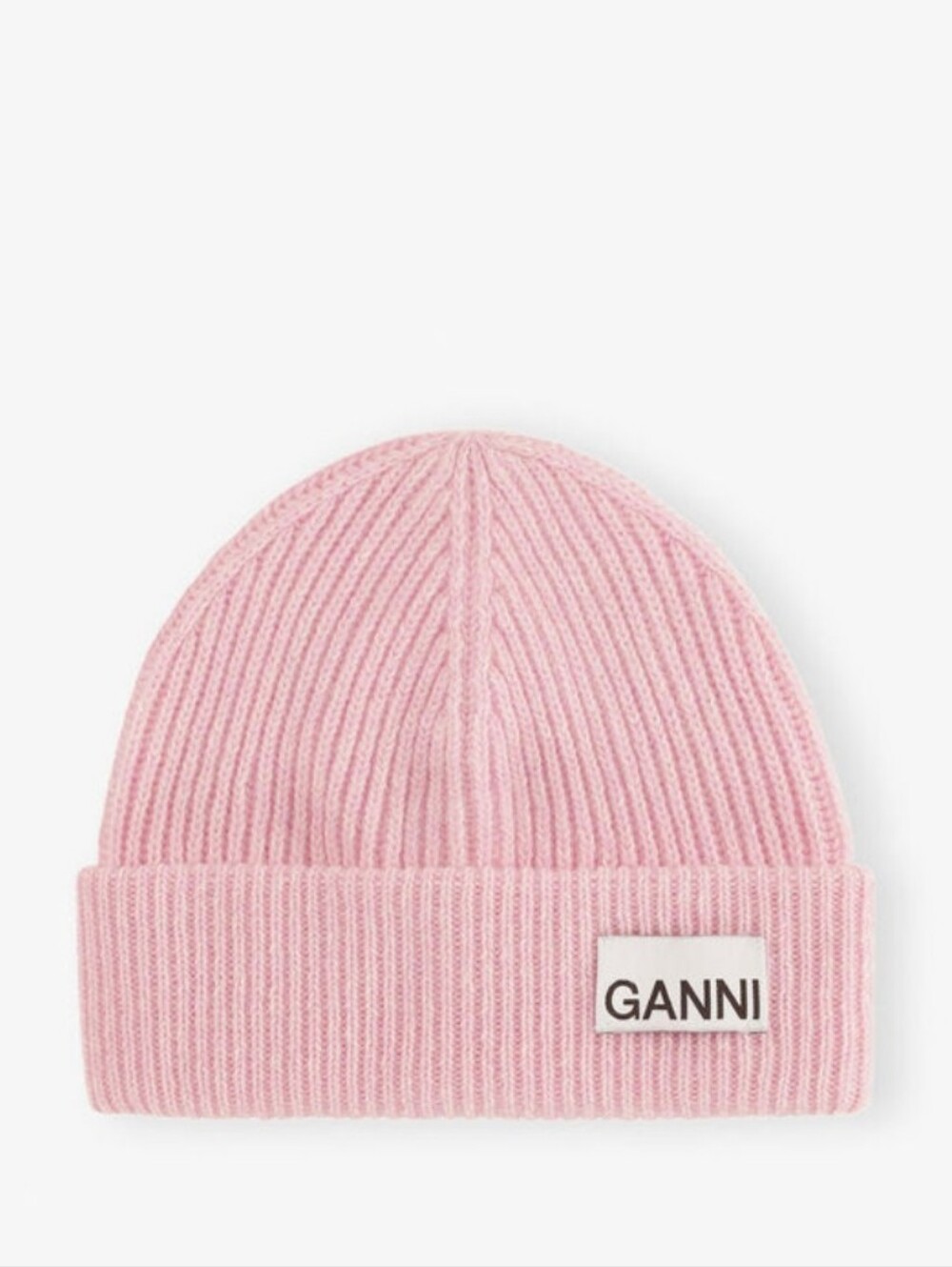 Ganni Fitted Beanie in Light Pink Rib Wool Blend Knit